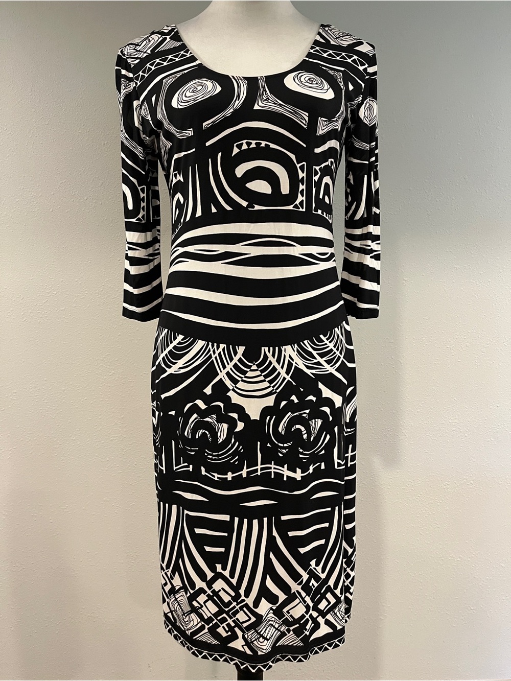 Sara Campbell vintage Black & White Geometric whimsical Print 3/4 Sleeve Dress